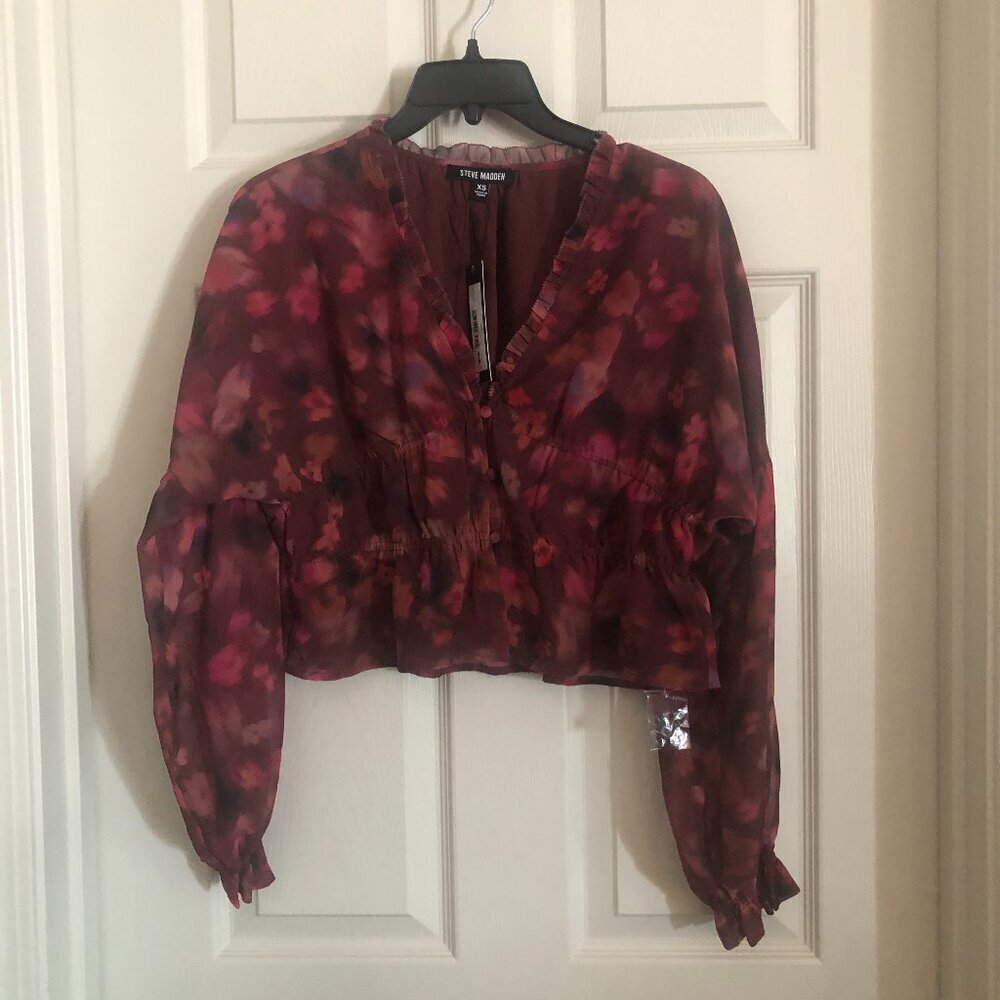 Steve‎ Madden Hollis pink multi color v neck long sleeve top sz XS BNWT